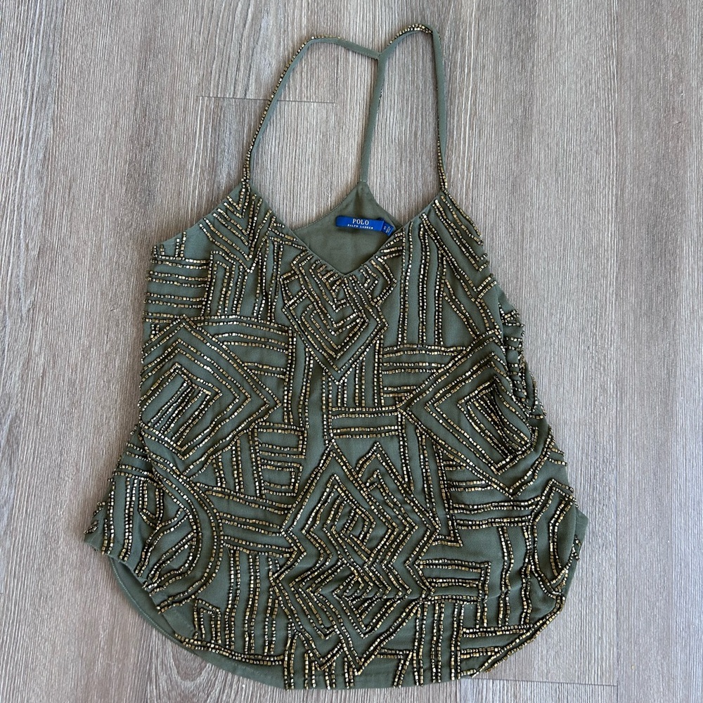 Polo Ralph Lauren Women's Olive Golden Beaded Strappy Racerback